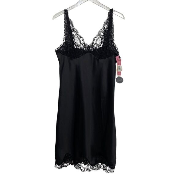 NWT Vintage 90s Wondermaid Black Satin Lace Bust Sexy Full Slip Dress Size 38 - Picture 8 of 12